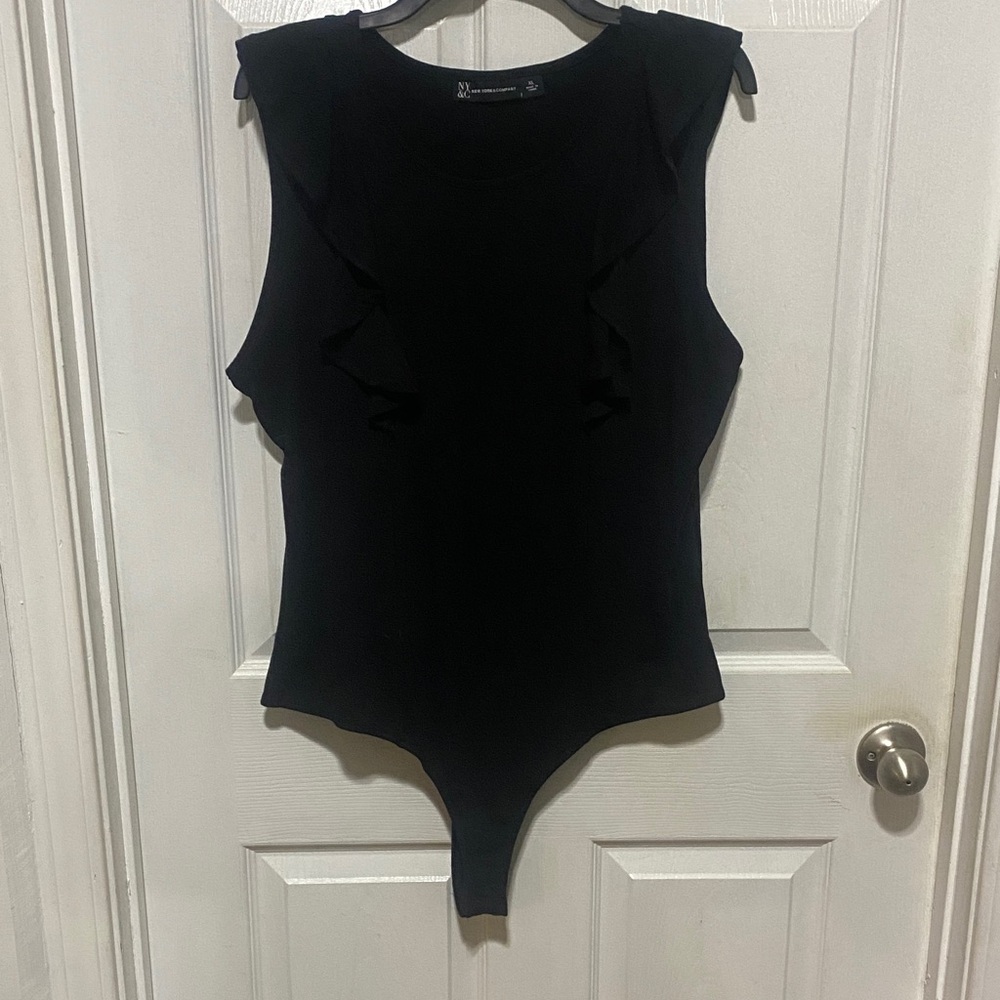 New York & Company Black Ruffle Bodysuit